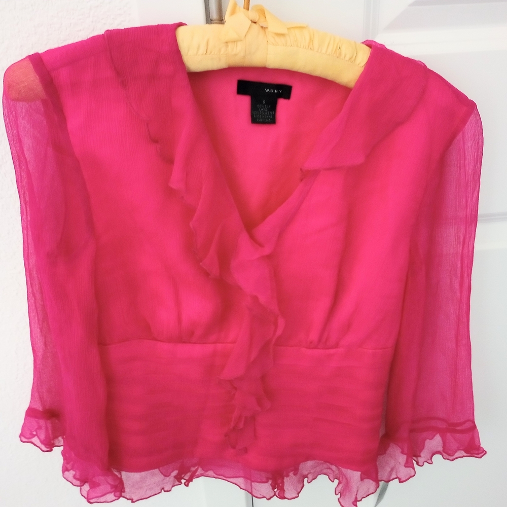 Women's Pink Sheer Ruffle Top, New with Tag, 100%silk, Size Small, Side Zipper